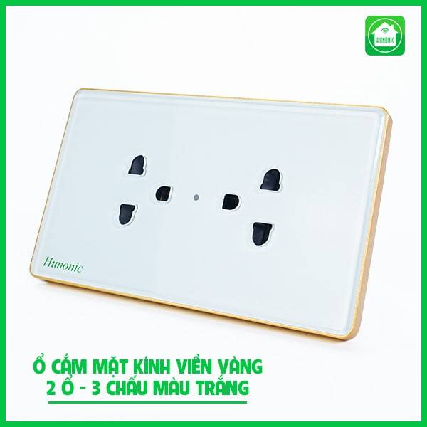 Ổ Cắm thông minh Mặt Kính 2 Ổ Có Tiếp Địa Viền Vàng Hunonic